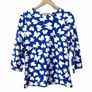 Barbara Gerwit Stretch Knit Crewneck Top Blue Abstract Butterfly Print